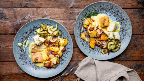 Pannfisch mit Senfsauce und warmem Gurkensalat