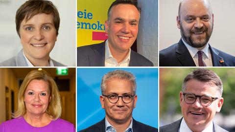 Kandidaten Landtagswahl 2023: Elisabeth Kula (Die Linke), Stefan Naas (FDP), Robert Lambrou (AfD), Nancy Faeser (SPD), Tarek Al Wazir (Grüne), Boris Rhein (CDU)